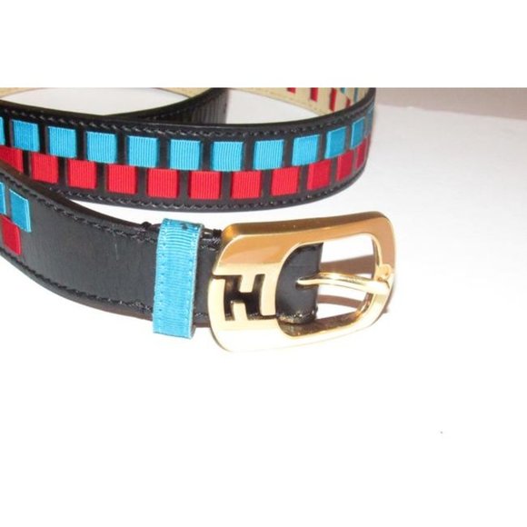 FENDI Black Red Aqua Blue Gold Leather Gold Buckle